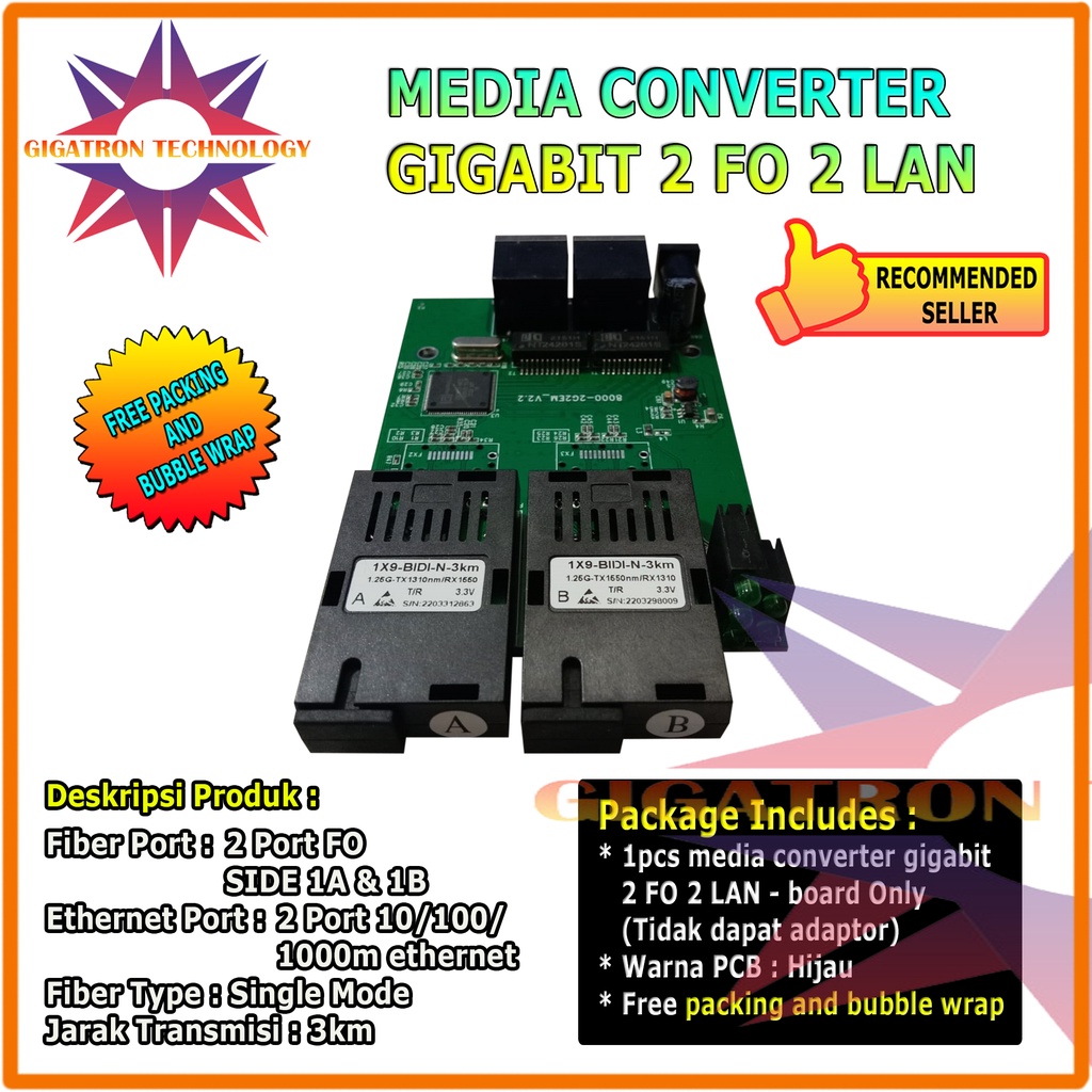 Jual Gigabit Media Converter Fiber Optic 2 Port FO 2 Port LAN Board