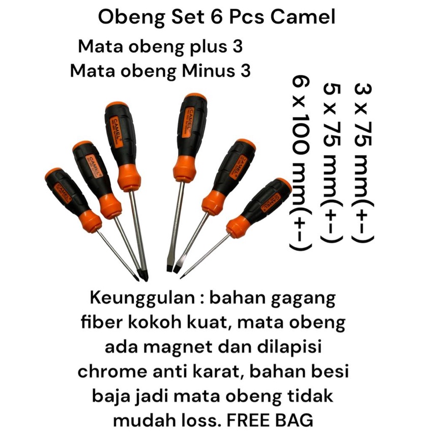 Jual CAMEL Obeng Set 6 Kombinasi CAMEL 6 Pcs Obeng PLUS MINUS Camel