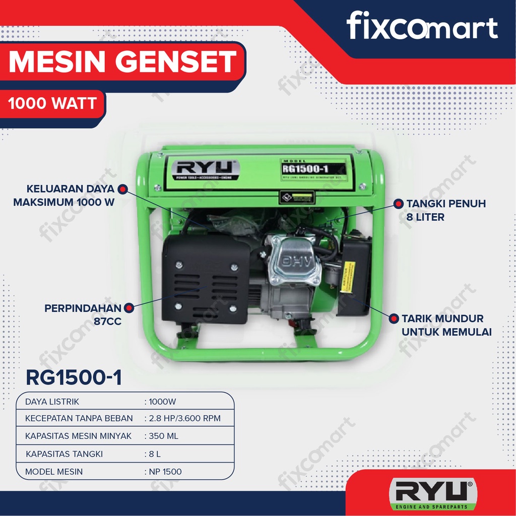 Jual Ryu Generator Set Mesin Genset 1000 Watt Rg1500 1 Rg 1500 1