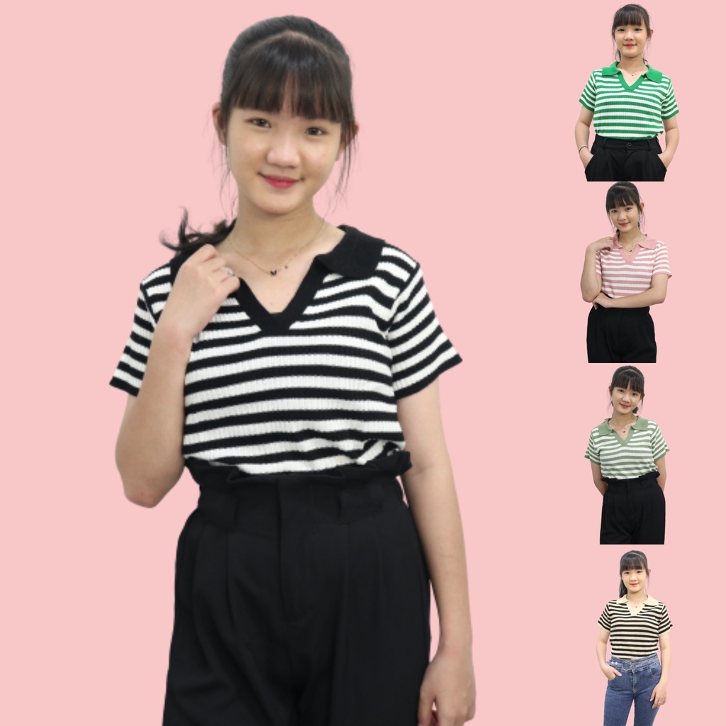 Jual PREMIUM Atasan Kerah Salur Polo Rajut Wanita Korean Vneck Blouse