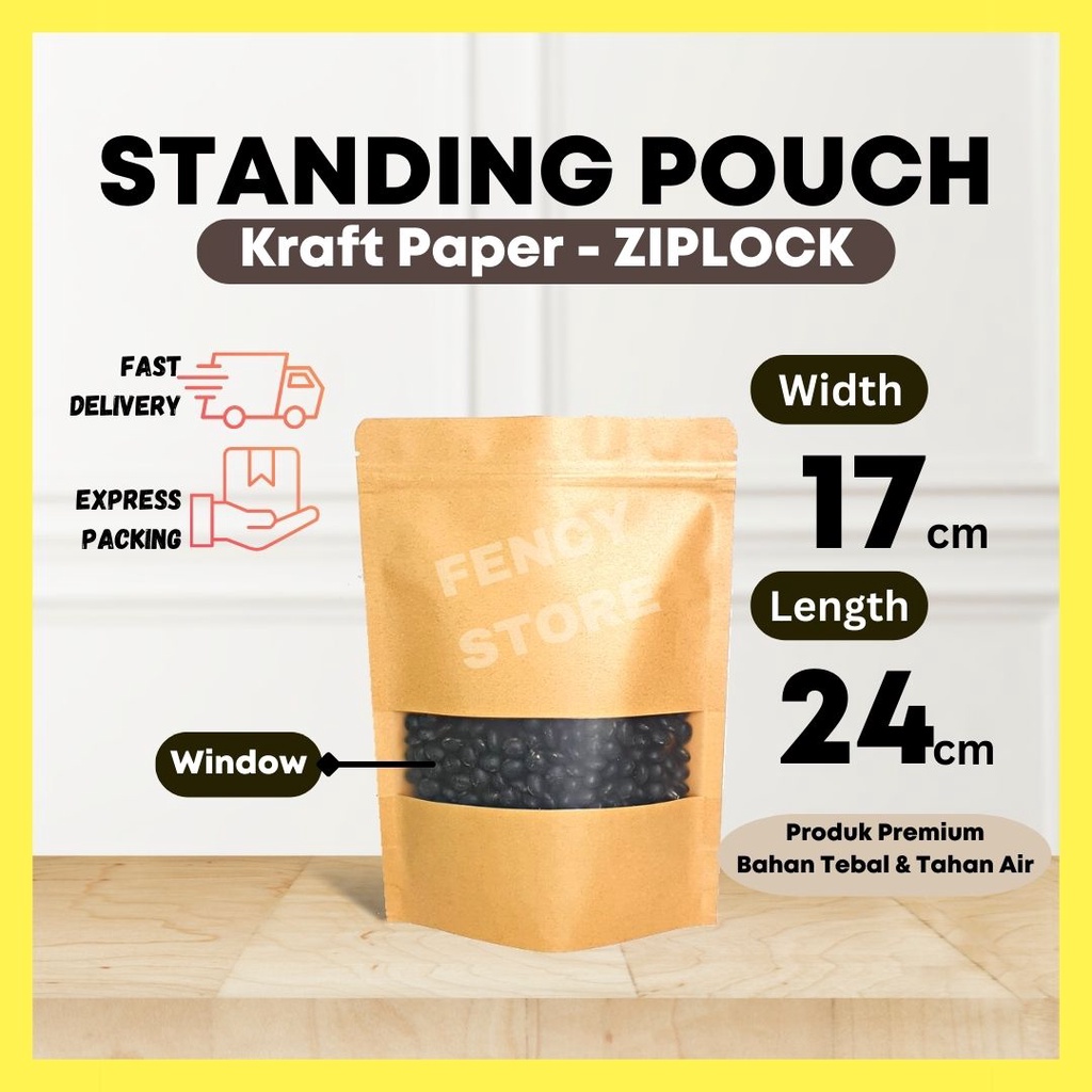 Jual Termurah Premium Standing Pouch Window Kraft Plastik Klip