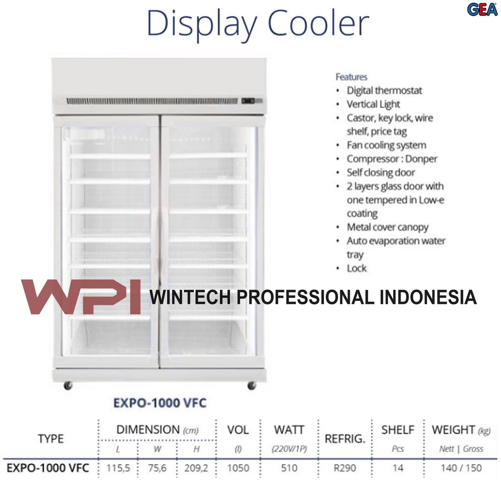 Jual Gea EXPO 1000 VFC Display Cooler 1050 L Showcase 2 Pintu