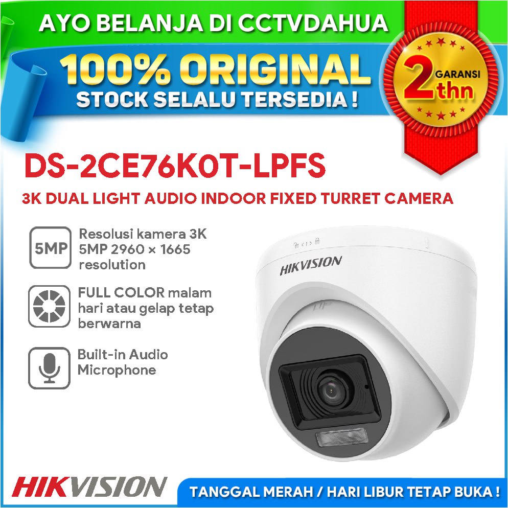 Jual HIKVISION DS 2CE76K0T LPFS 5MP 3K DUAL LIGHT AUDIO INDOOR FIXED