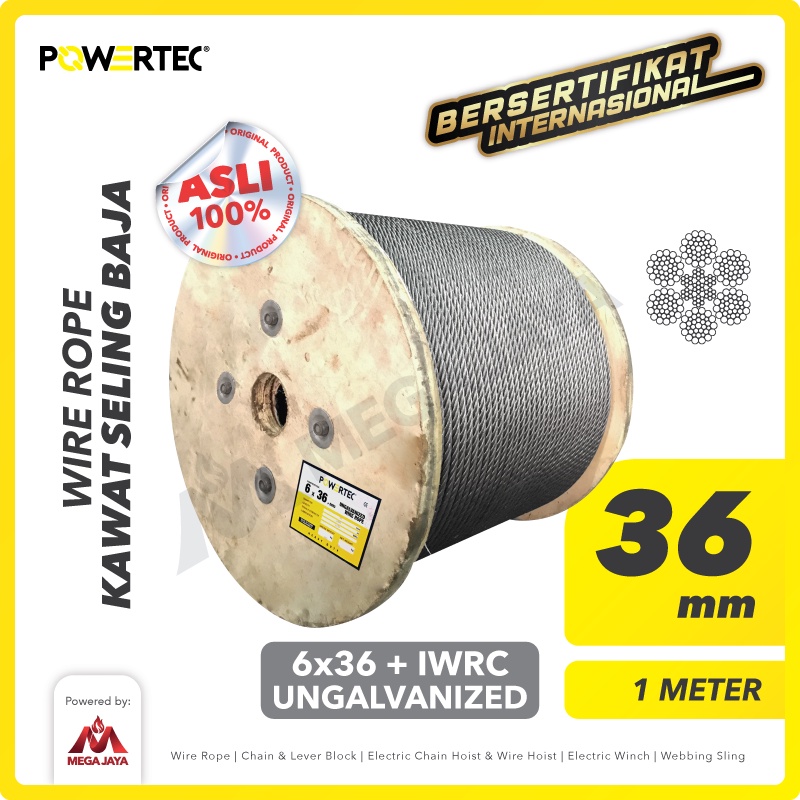 Jual POWERTEC Wire Rope Kawat Seling Baja 6x36 IWRC 36mm Ungalv 1