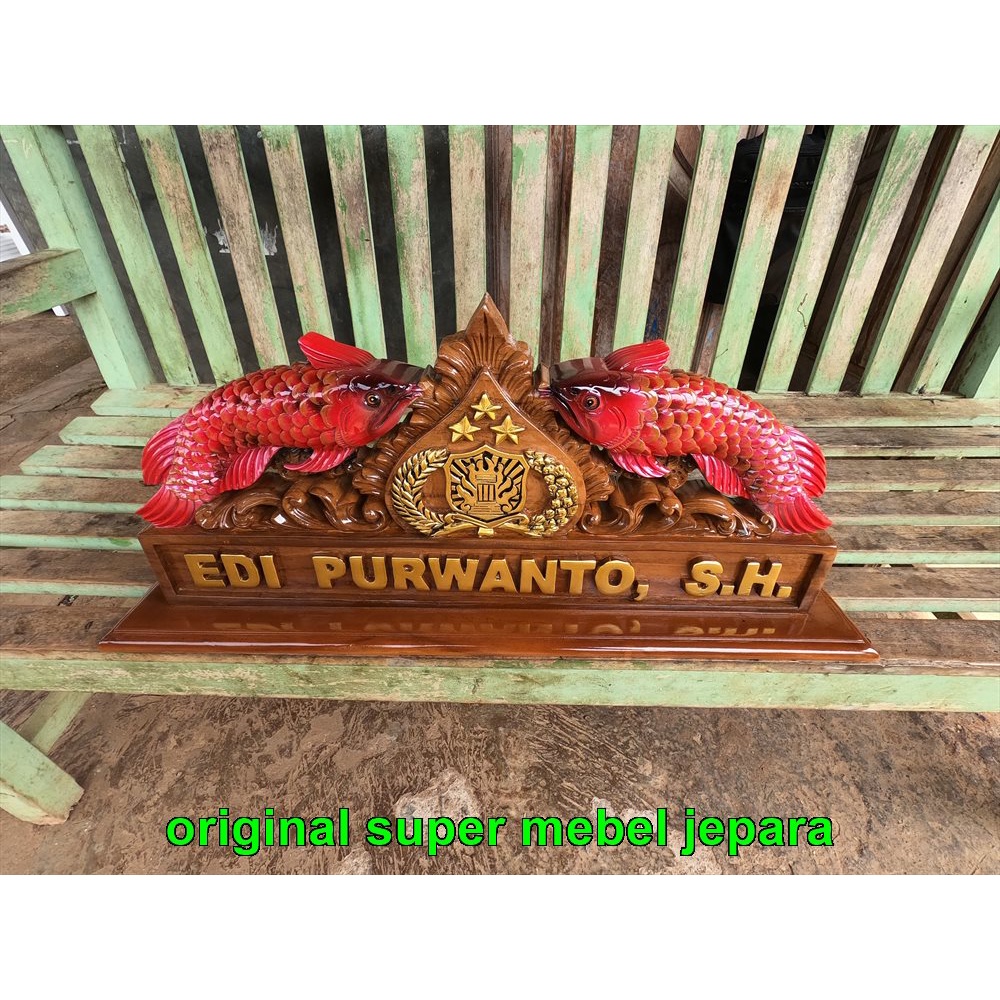 Jual Papan Nama Meja Pengacara Ukiran Arwana Kayu Jati Furniture Jepara