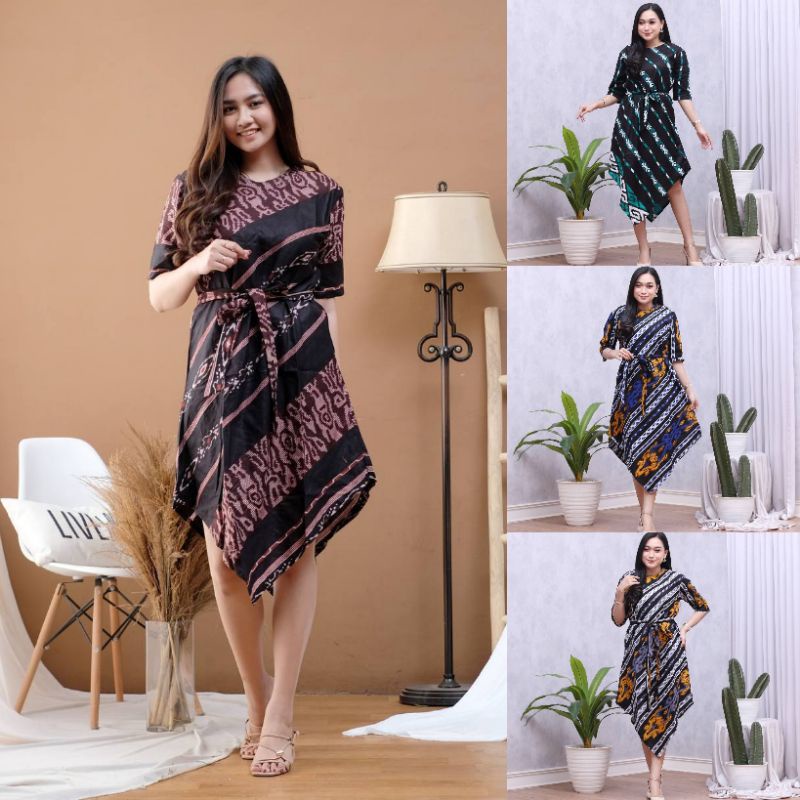 Jual Dress Batik Lancip Wanita Modern Model Elegan Motif Tenun Bahan