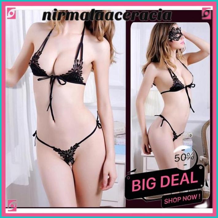 Jual Bra Open Crotch Thong Set Tali Renda Sexy Bikini Mini Transparan