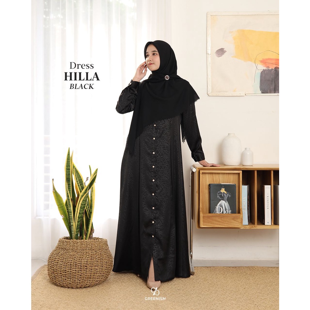 Jual Hilla Dress Greenism Gamis Motif Emboss Full Black Shopee Indonesia