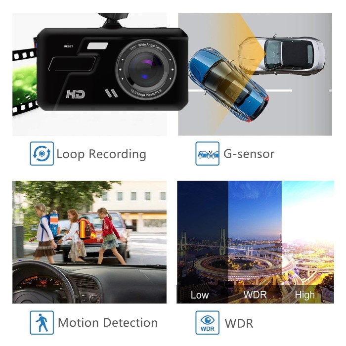 Jual DASH CAM CAR HD 1296P 4 TOUCH SCREEN DASHBOARD DUAL LENS FRONT