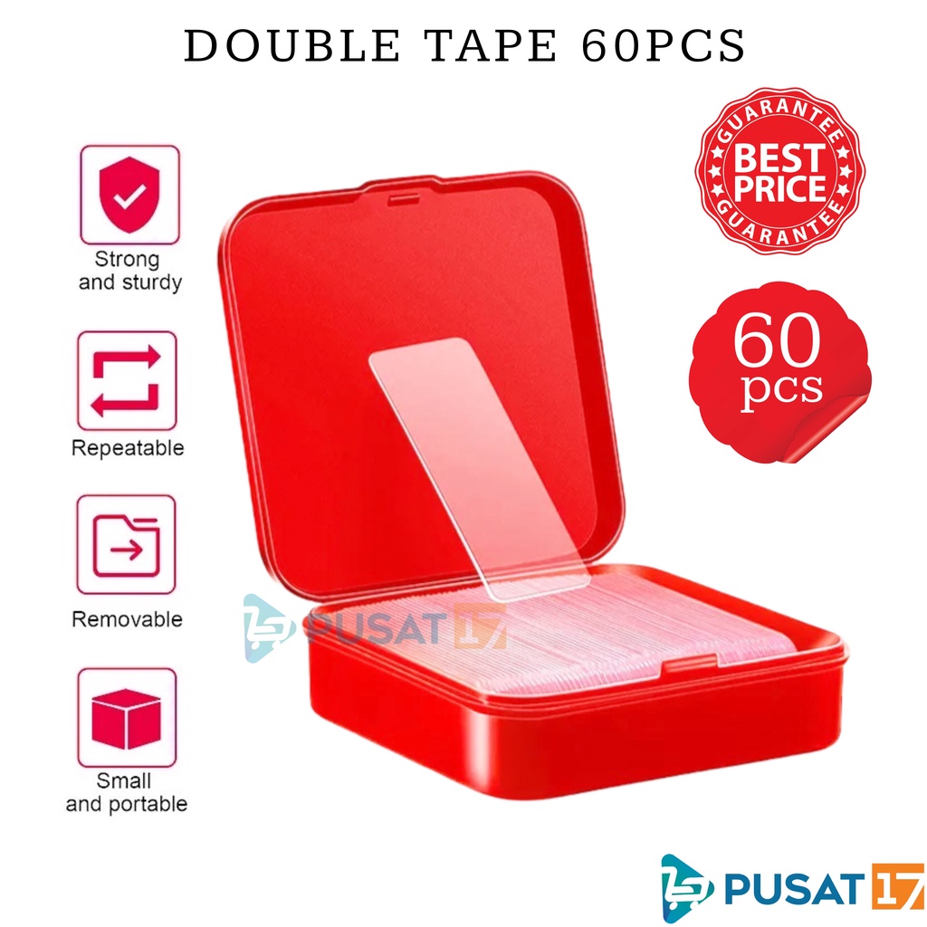 Jual PUSAT17 DOUBLE TAPE MINI ISI 60PCS BOX TRANSPARAN 2 SISI LAKBAN