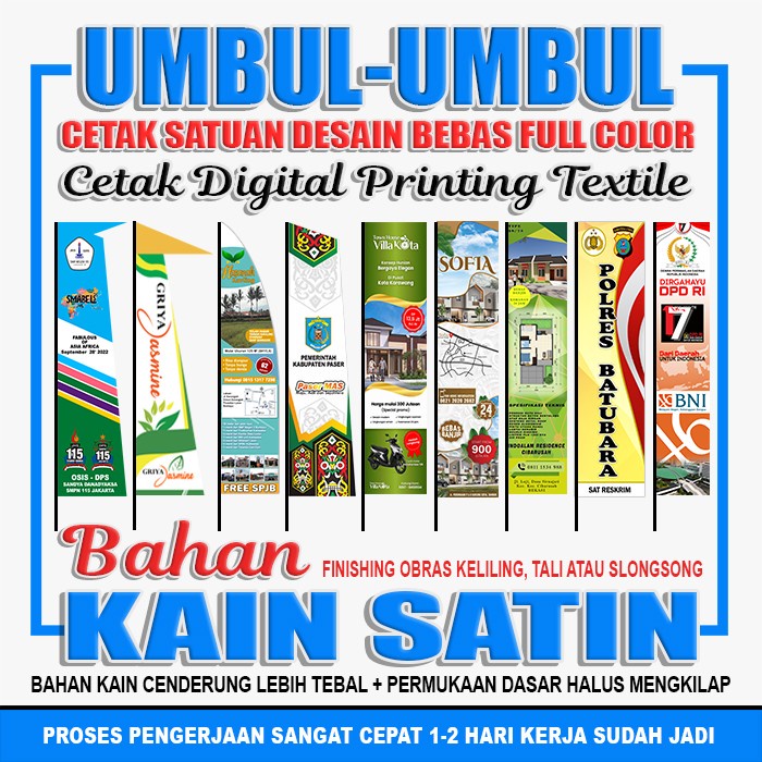 Jual Cetak Umbul Umbul Custom Kain Printing Satuan Bahan Kain Satin