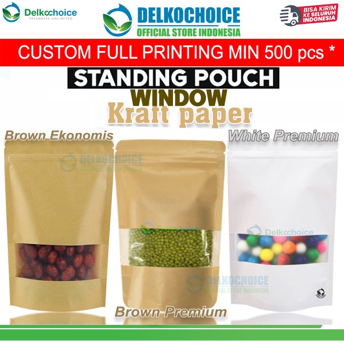 Jual Standing Pouch Window Kraft Paper Ziplock Plastik Klip Kemasan