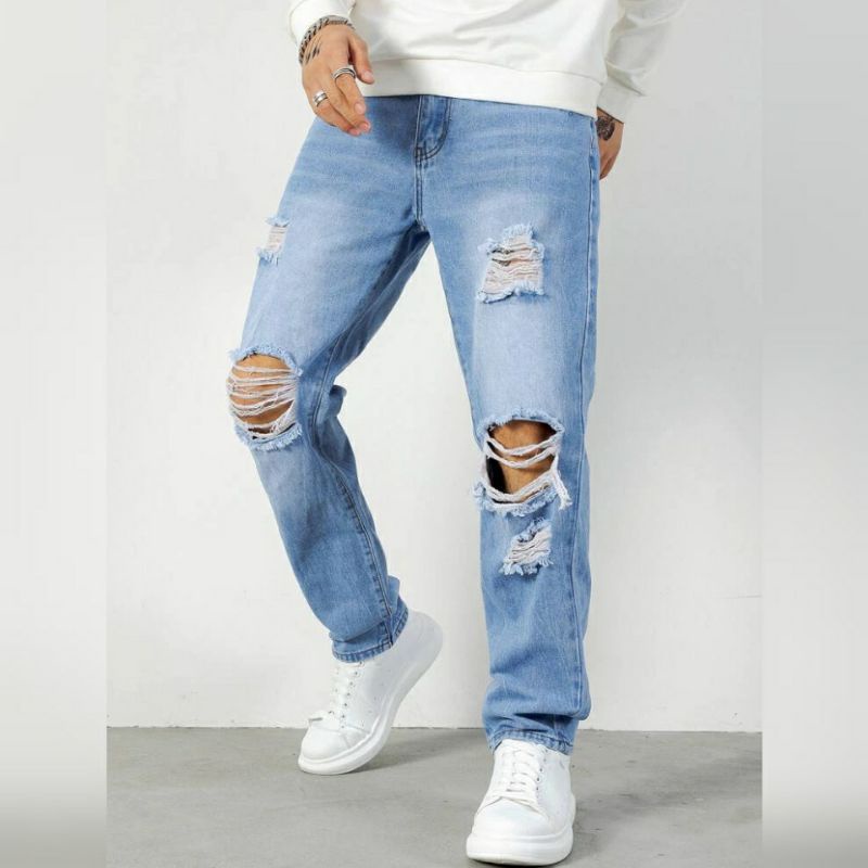 Jual Celana Sobek Pria Ripped Jeans Robek Standar Reguler Basic