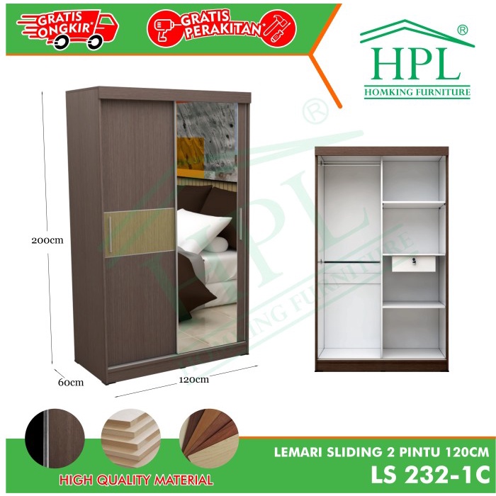 Jual Lemari Pakaian Sliding Door Pintu Hpl Coklat Motif Kayu Strip