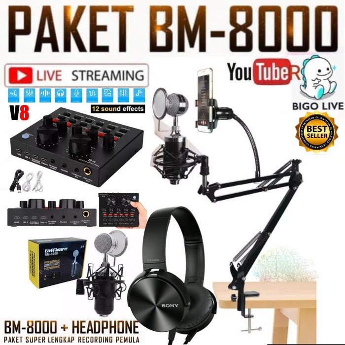 Jual Paket Komplit Mic Bm8000 Soundcard V8 Stand Mic Phone Holder