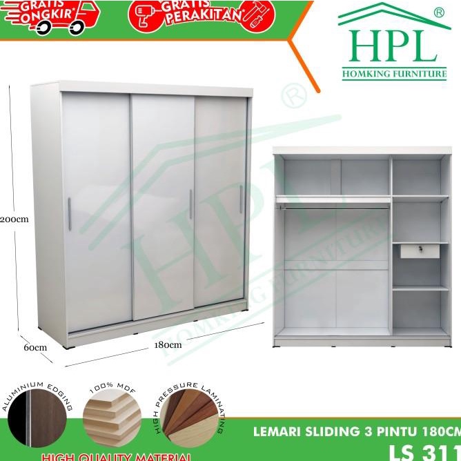 Jual Lemari Pakaian Sliding Door Pintu Hpl White Glossy Shopee