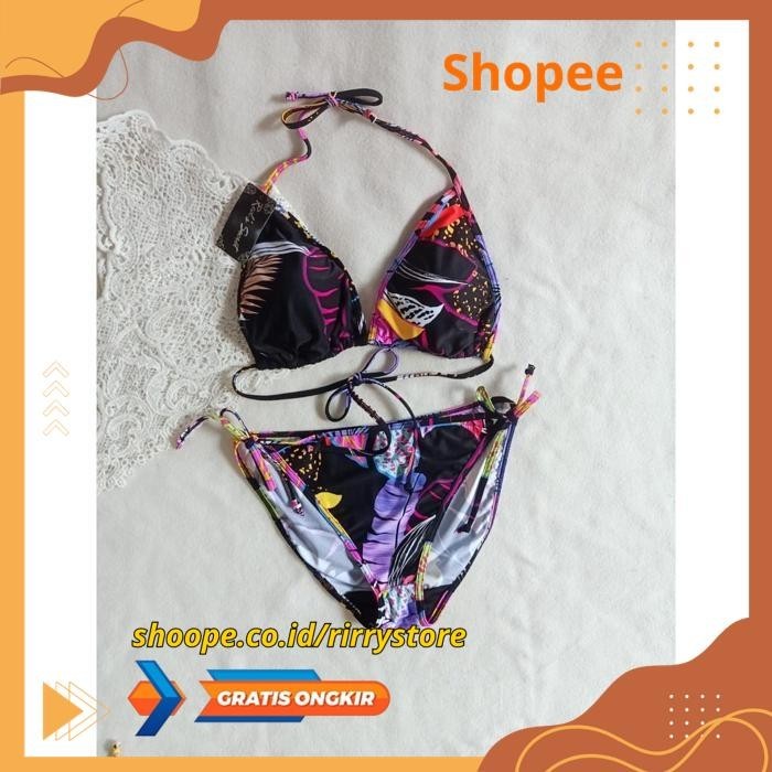 Jual Bikini Pantai Segitiga With Foam Bk Rx Hitam Daun Warna