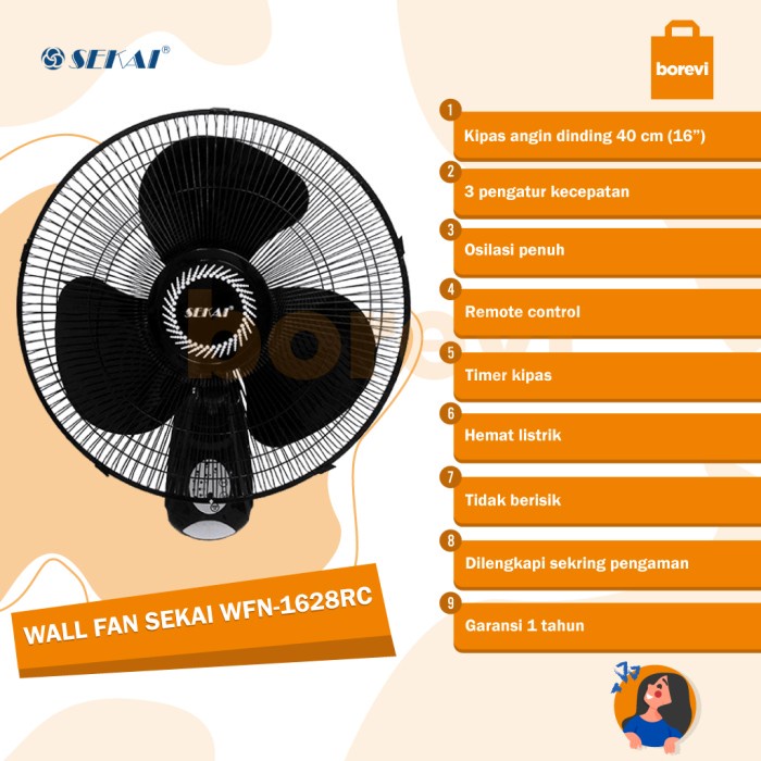 Jual Sekai Wfn 1628Rc Wall Fan Kipas Angin Dinding Remote Timer