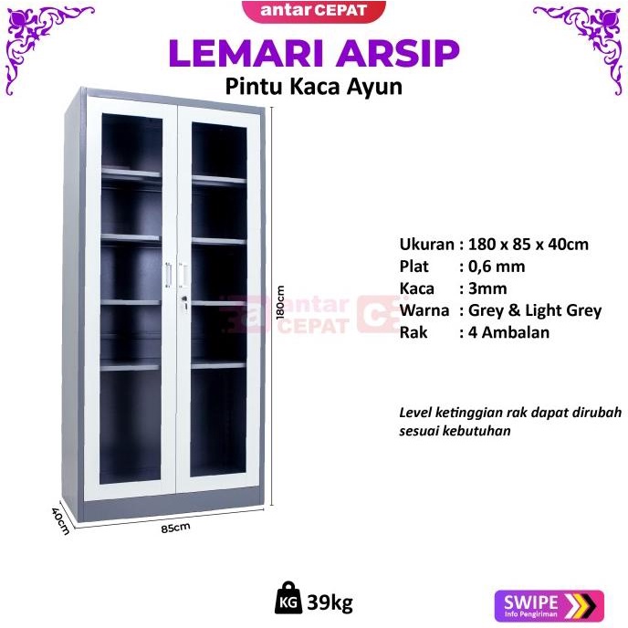 Jual Lemari Besi Kantor Lemari Arsip 2 Pintu Swing Kaca Ayun AA 107