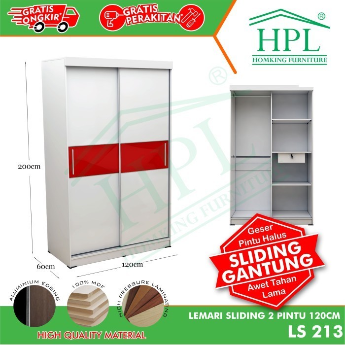 Jual Lemari Pakaian Sliding Door Pintu Hpl White Glossy Strip