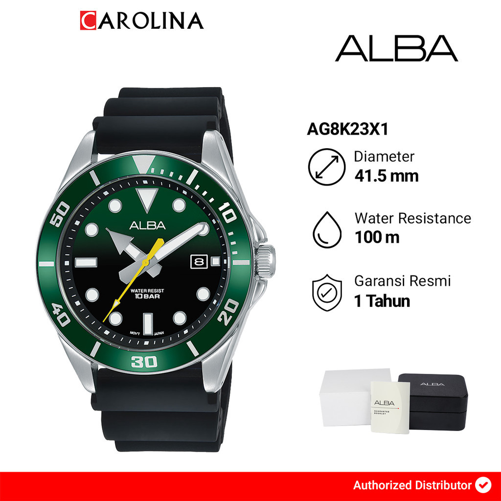 Jual Jam Tangan Pria ALBA Active AG8K23X1 Green Dial Black Rubber Strap