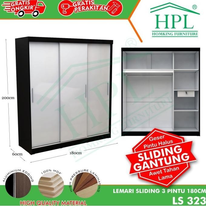 Jual Lemari Pakaian Sliding Door 3 Pintu HPL White Glossy Shopee