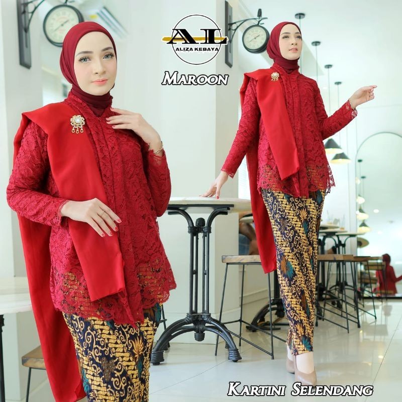 Jual Setelan Kebaya Kartini Floy Brokat Non Gliter Seleting Depan