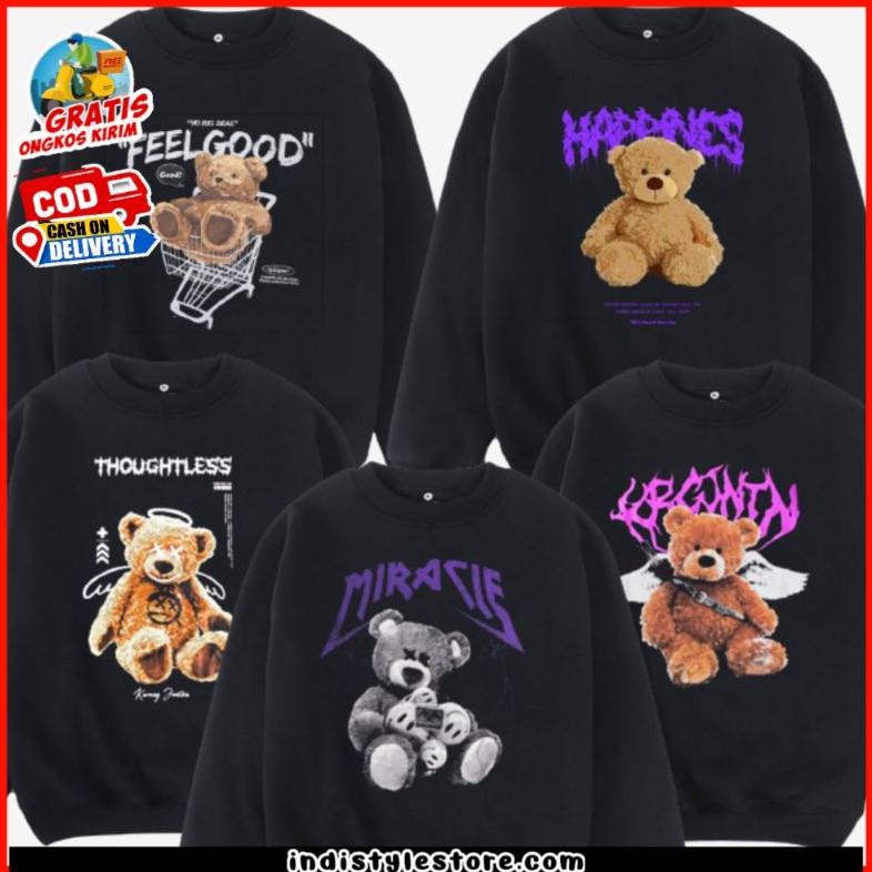 Jual Cod Sweater Crewneck Hitam Teddy Bear Distro Pria Wanita Switer