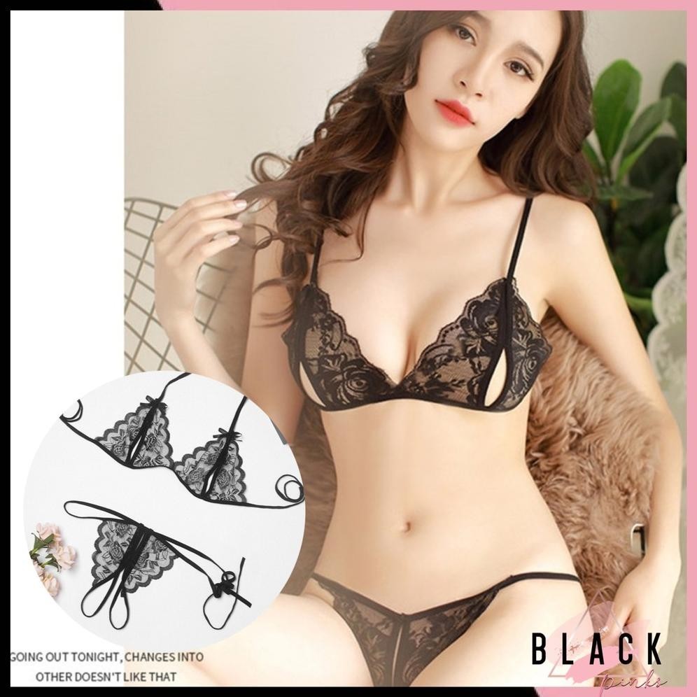 Jual Blackpink Lingerie Set Bra Dan G String Transparant Pita Bunga