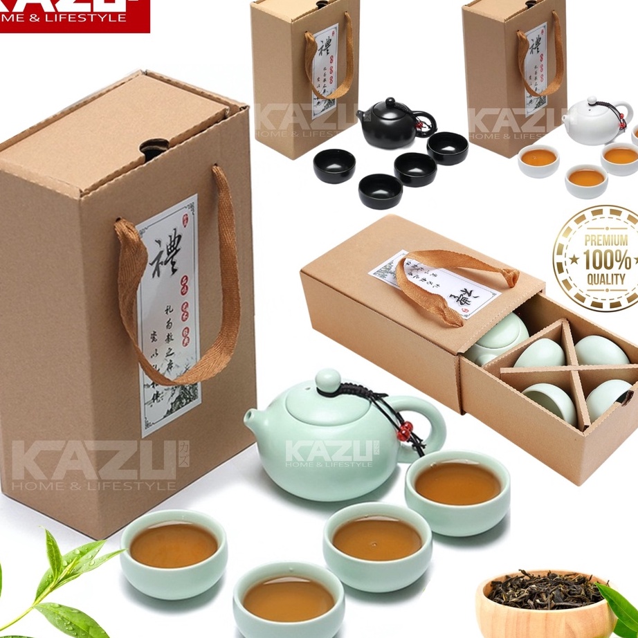 Jual MARH073 KAZU CHINESE TEAPOT SET CERAMIC 4CUPS TEKO SET GELAS