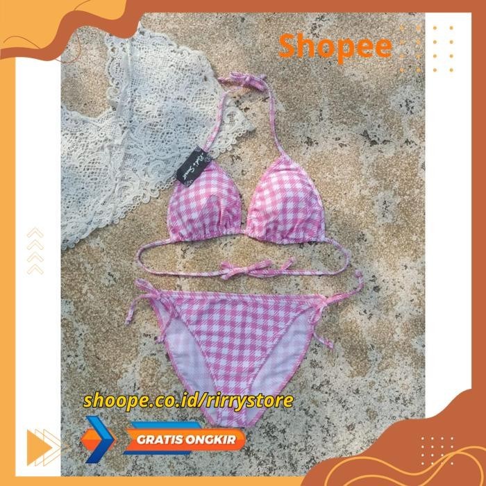 Jual BIKINI PANTAI SEGITIGA IKAT DENGAN BUSA BK 3301 R PINK KOTAK KOTAK