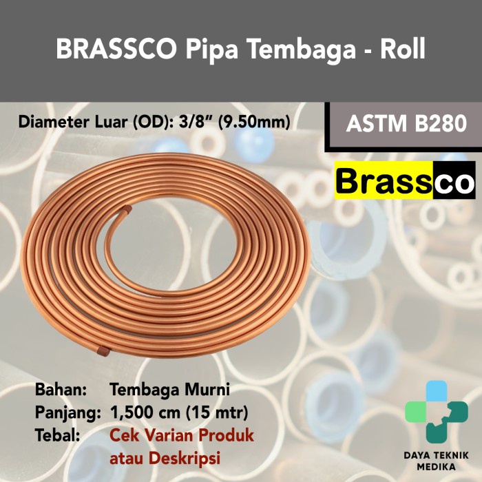 Jual Brassco Pipa Tembaga 3 8 9 50mm ASTM B280 Roll Shopee Indonesia