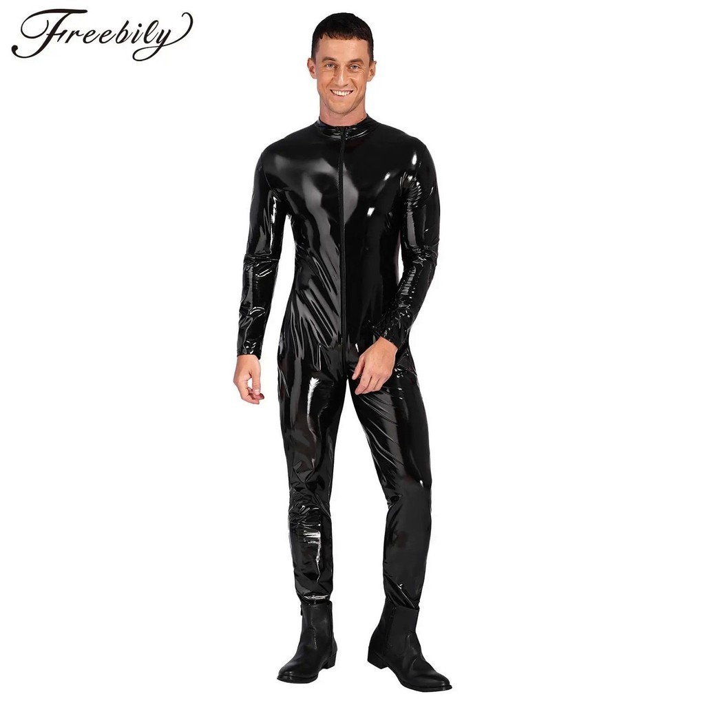 Jual Men Wetlook Patent Leather Zipper Open Crotch Pvc Bodysuit Gay Hot