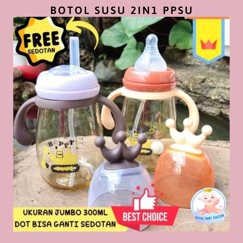 Jual PROMO 2in1 Botol Susu Dan Botol Minum 300ml Crown Free Sedotan