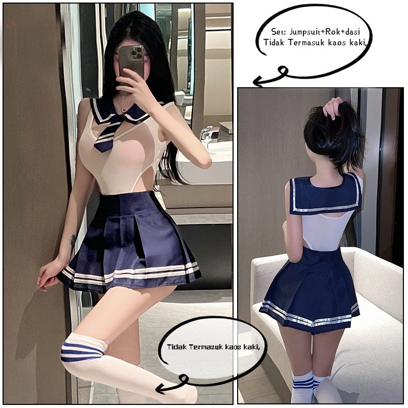 Jual Lingerie Sexy Cosplay Seragam Transparan Jumpsuit Siswa Rok Mini