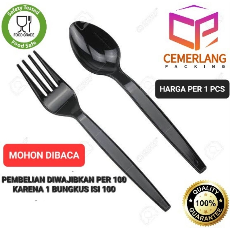 Jual HARGA PER PCS SENDOK GARPU MAKAN HITAM PLASTIK TEBAL PANJANG