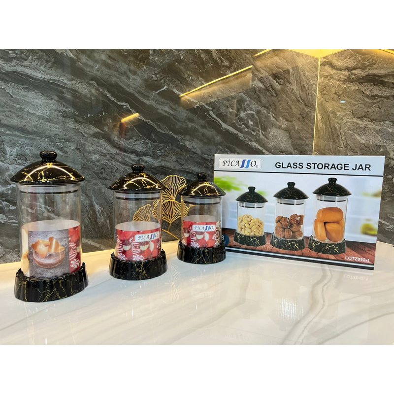 Jual Toples Set Picasso Kaca Set 3 Motif Marmer Hitam Putih