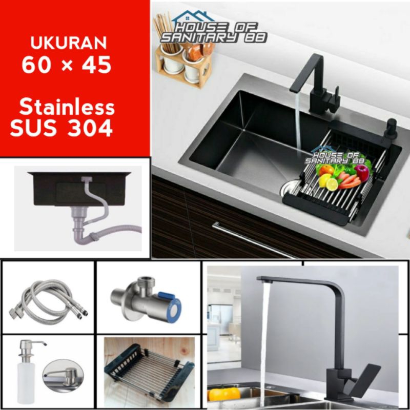 Jual Paket Lengkap Bak Cuci Piring 6045 HITAM Stainless Kitchen Sink