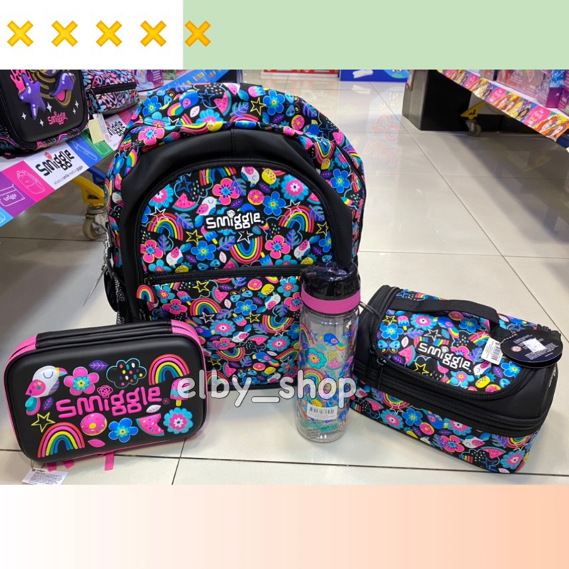 Jual Ready Smiggle Original Drift Black Flower Backpack Lunchbag Drink