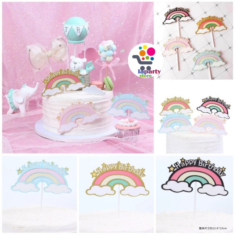 Jual Cake Topper Happy Birthday Awan Pelangi Tusukan Kue HBD Karton