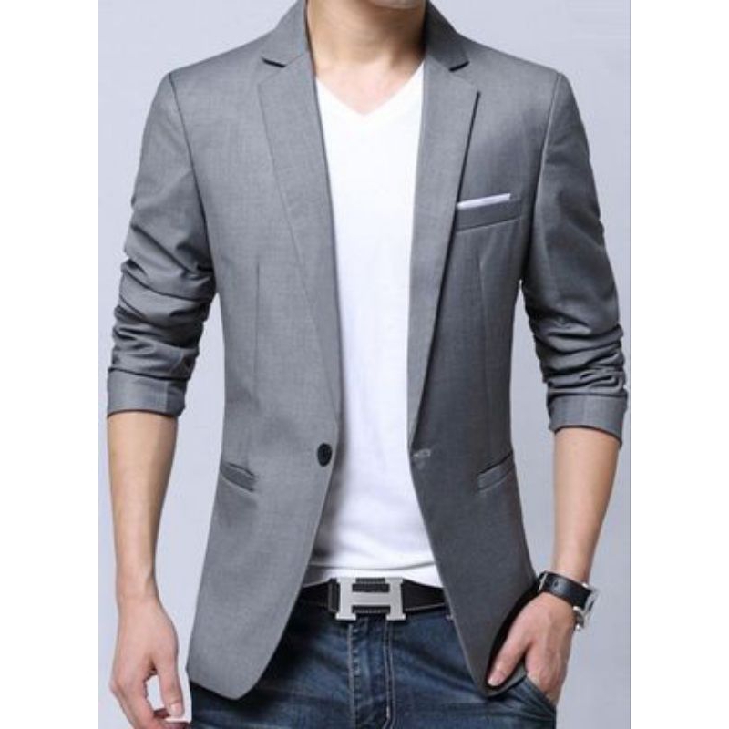 Jual Jas Blazer Pria Hitam Semi Formal Saku Tanpa Tutup Lengan Panjang