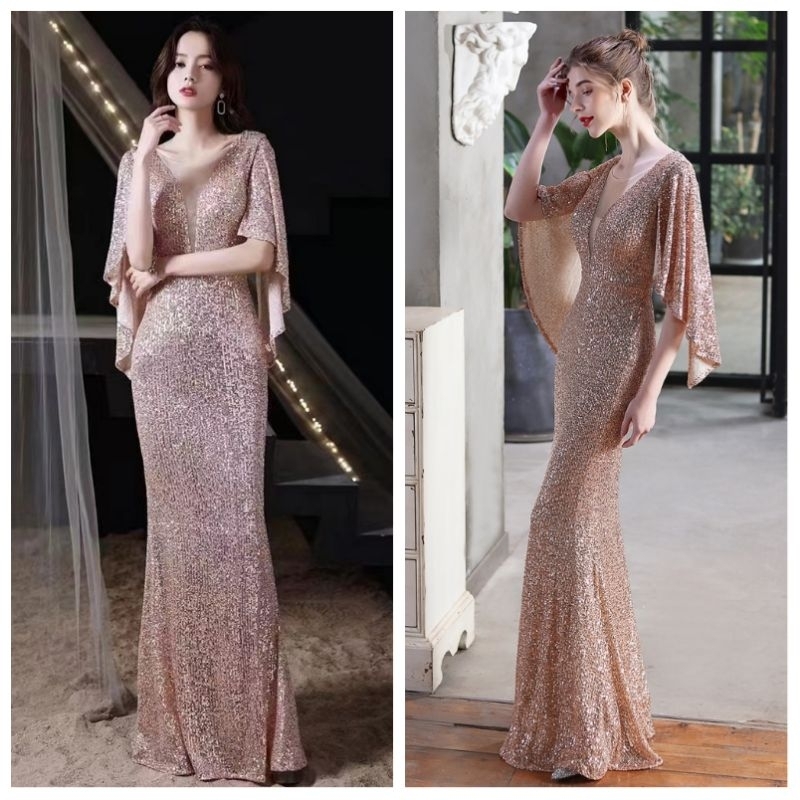 Jual Longdress Sequin Rose Gold Hitam Maroon Navy Dress Pesta Cape