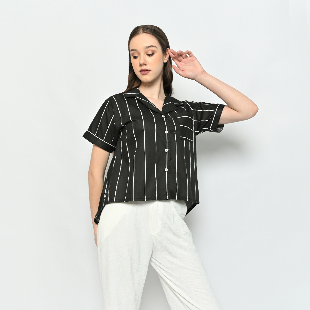 Jual Queentin Kemeja Crop Casual Wanita Katun Turkey Salur Lengan