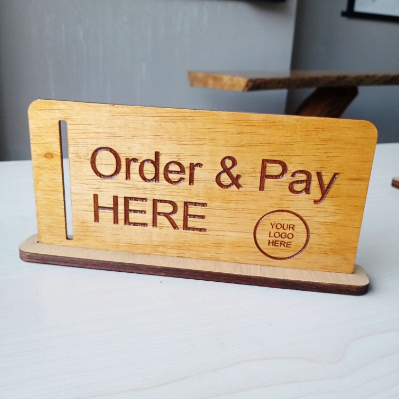 Jual Sign Board Kayu Order And Pay Here Meja Free Logo Ukir Shopee