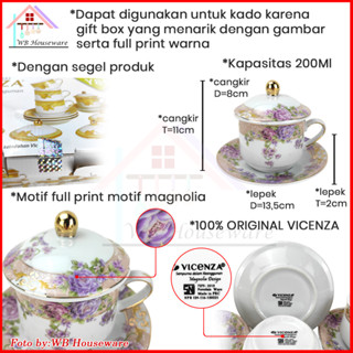 Jual VICENZA 6 Pasang Cangkir Set Tutup Motif Magnolia Coffee Tea