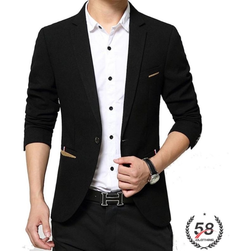 Jual 58Fashion Jas Hitam Pria Wisuda SlimFit Formal Blazer Santri