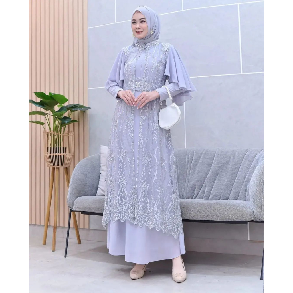 Jual Dress Outer Brukat Pesta Terbaru Green Sage Gamis Clarisa By