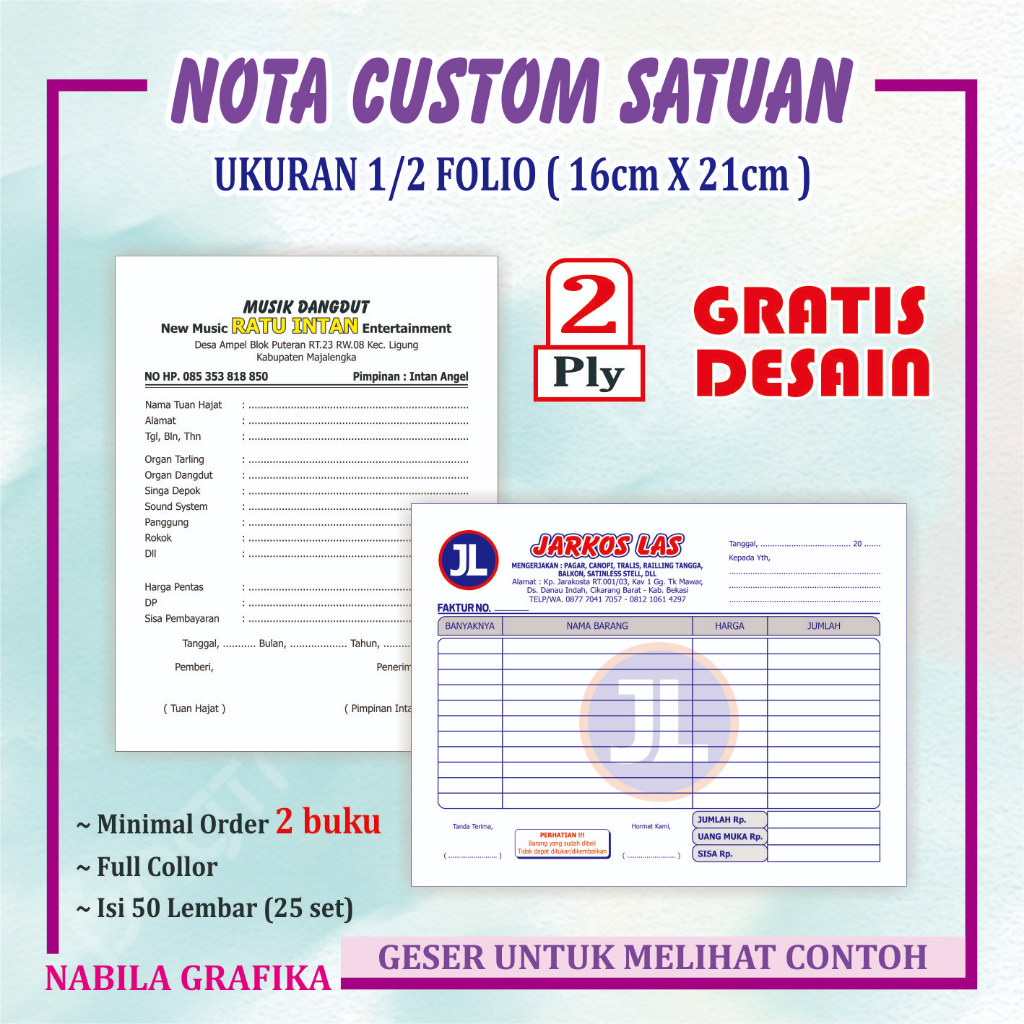 Jual Cetak Nota Custom 2 Ply Murah Ukuran 1 2 Folio Nota Kontan Faktur