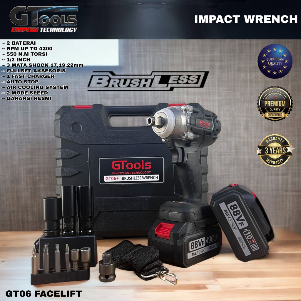 Jual GTOOLS GT06 Impact Wrench Facelift 550nm 88Vf Mesin Pembuka Baut