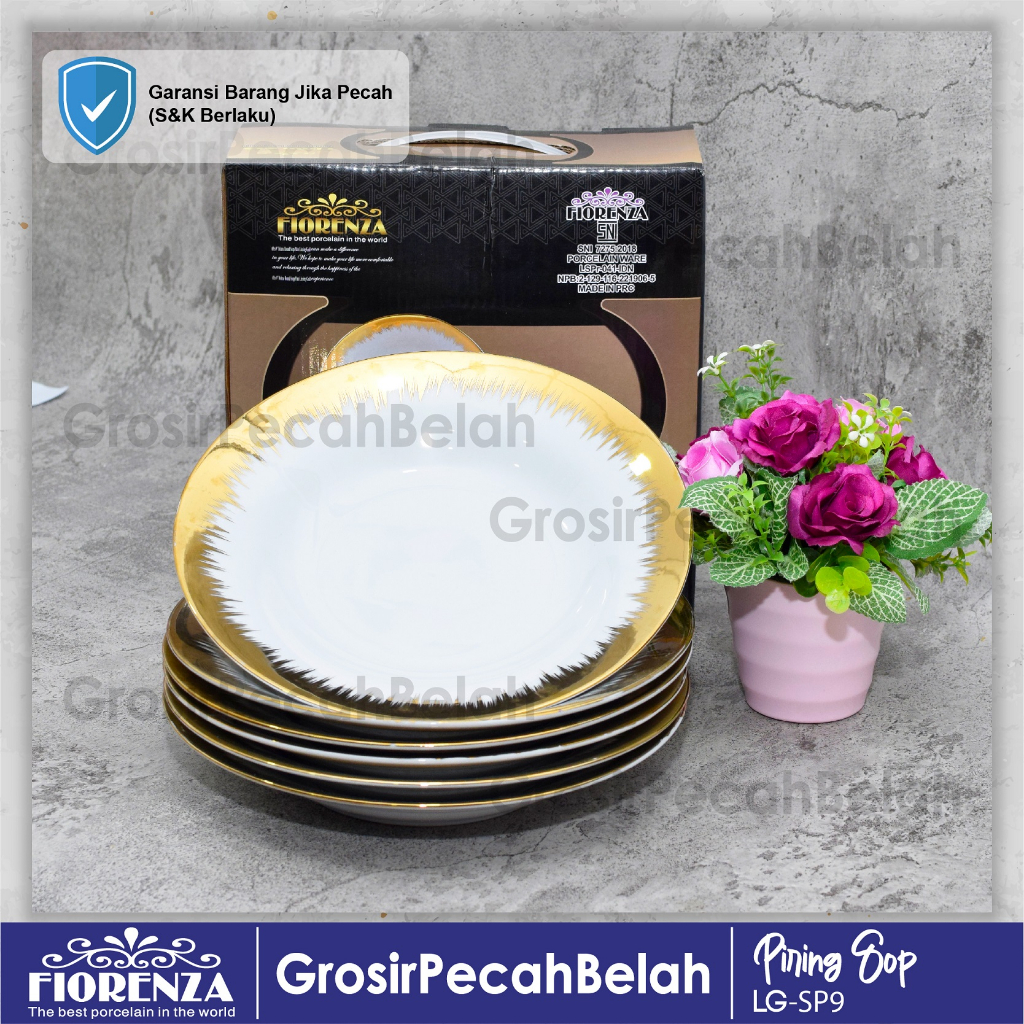 Jual Piring Sop Cekung Makan Saji Keramik 9 Inch Motif Gold Fiorenza LG